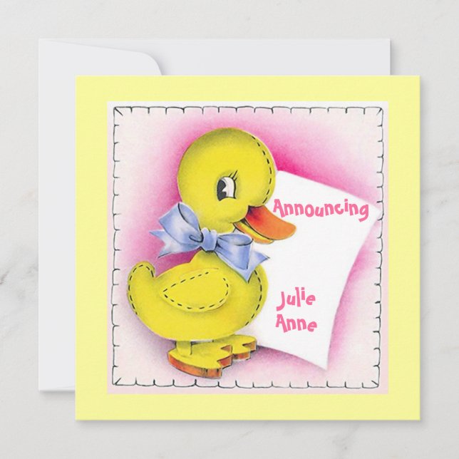 Retro Style Cute Toy Duck Baby Birth Announcement (Front)