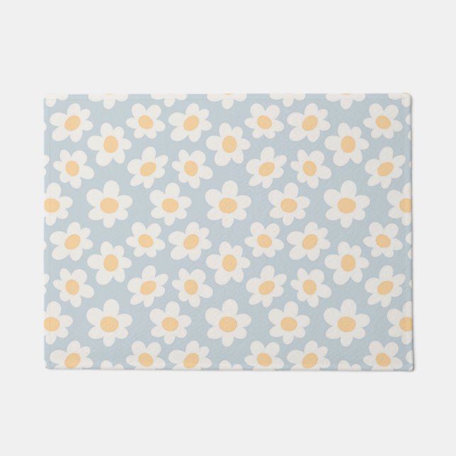 Retro style daisies in bloom on blue background doormat (Front)