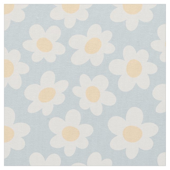 Retro style daisies in bloom on blue background  fabric (Close Up)