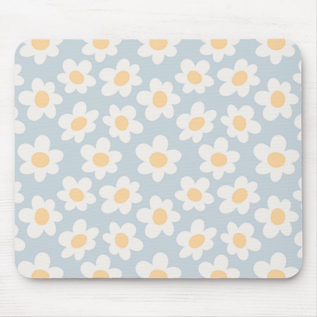 Retro style daisies in bloom on blue background mouse mat (Front)