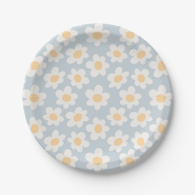 Retro style daisies in bloom on blue background paper plate (Front)