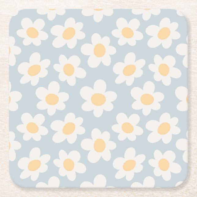 Retro style daisies in bloom on blue background square paper coaster (Front)