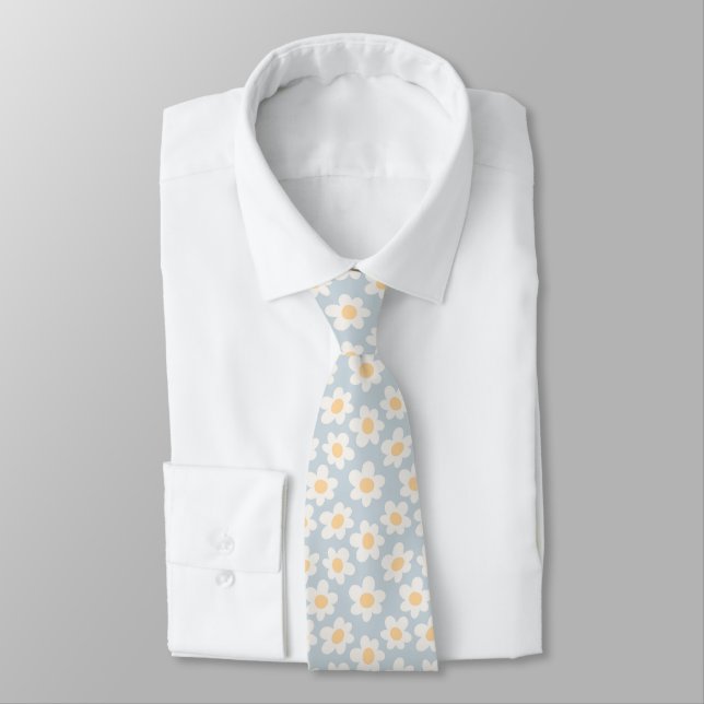 Retro style daisies in bloom on blue background tie (Tied)
