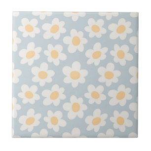 Retro style daisies in bloom on blue background tile