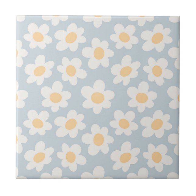 Retro style daisies in bloom on blue background tile (Front)