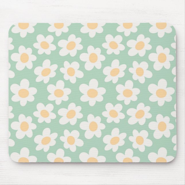 Retro style daisies in bloom on green background mouse mat (Front)