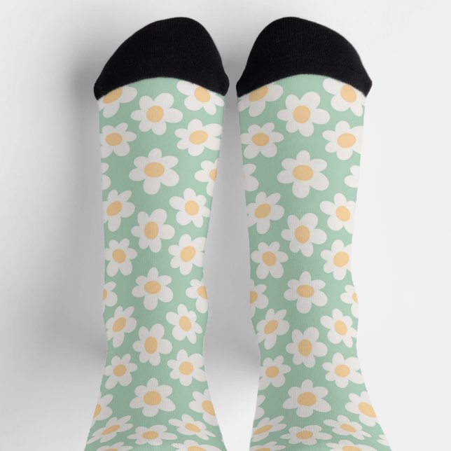 Retro style daisies in bloom on green background socks (Top)