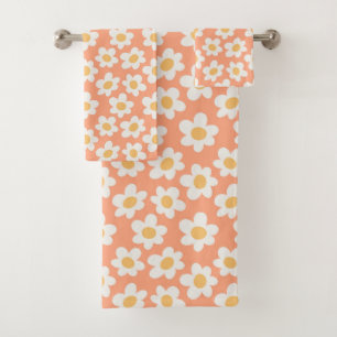 Retro style daisies in bloom on orange background bath towel set