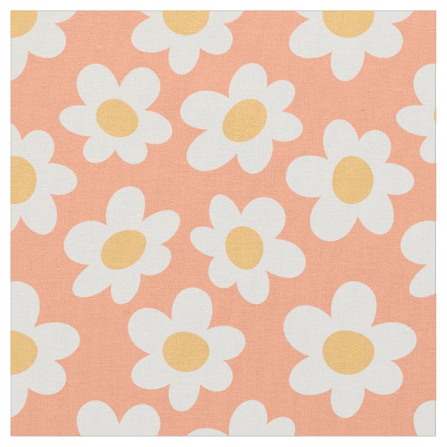 Retro style daisies in bloom on orange background fabric (Close Up)