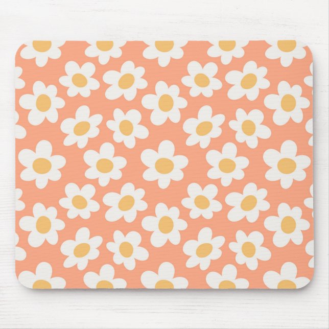 Retro style daisies in bloom on orange background mouse mat (Front)
