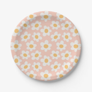 Retro style daisies in bloom on pink background paper plate