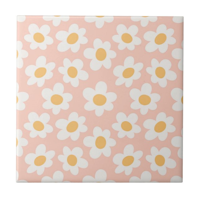 Retro style daisies in bloom on pink background tile (Front)