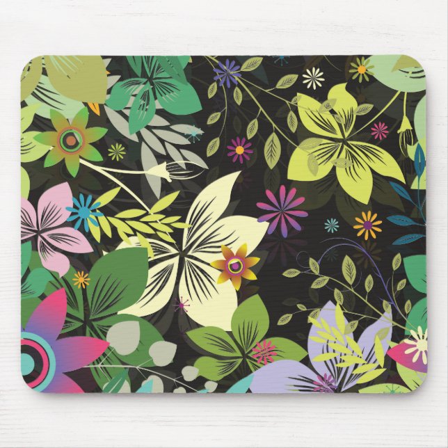 Retro Style Flower Design-Black Background Mouse Mat (Front)