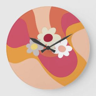 Retro style flowers and waves large clock