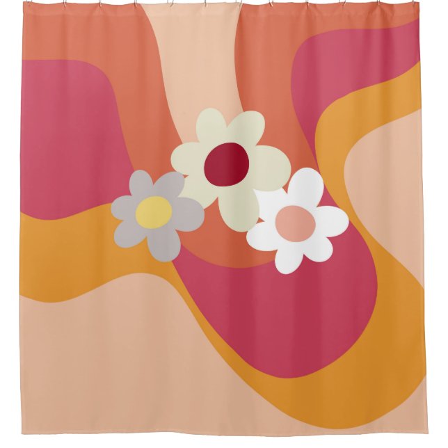 Retro style flowers and waves shower curtain (Front)