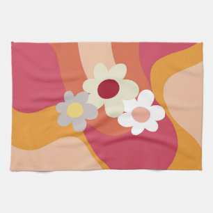 Retro style flowers and waves tea towel