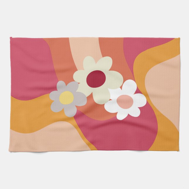 Retro style flowers and waves tea towel (Horizontal)