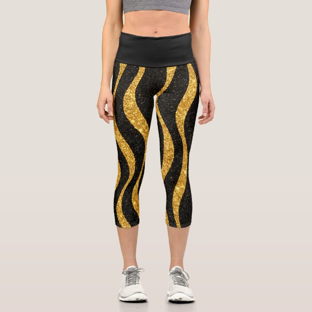Retro-Style Gold and Black High-Waisted Capris (Front)