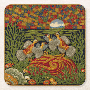 Retro Style Green Tapestry Exotic Birds Square Paper Coaster