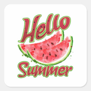Retro-Style Hello Summer Watercolor Watermelon Square Sticker