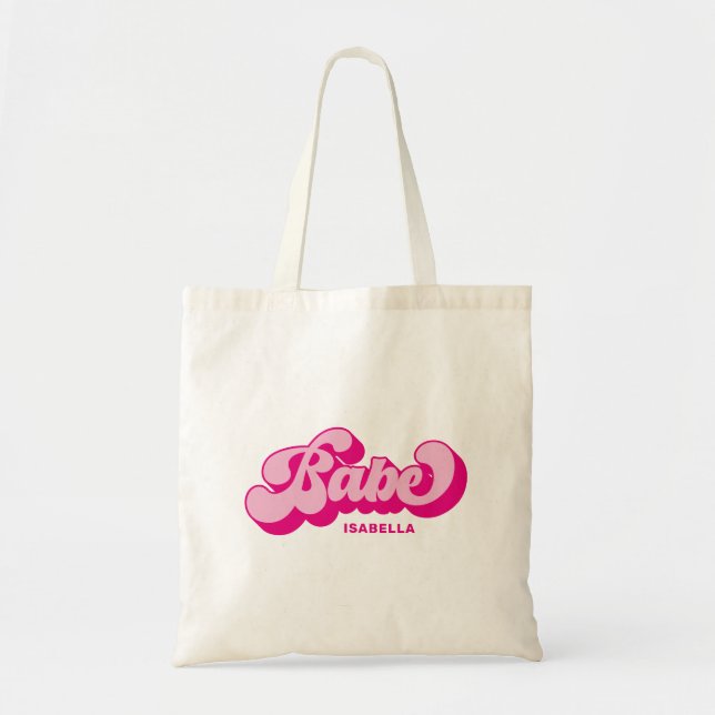 Retro Style Hot Pink Babe Bridesmaid Personalised Tote Bag (Front)