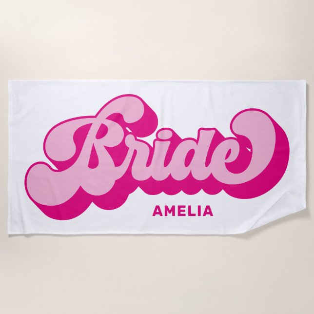 Retro Style Hot Pink Bride Bachelorette Weekend Beach Towel (Front)