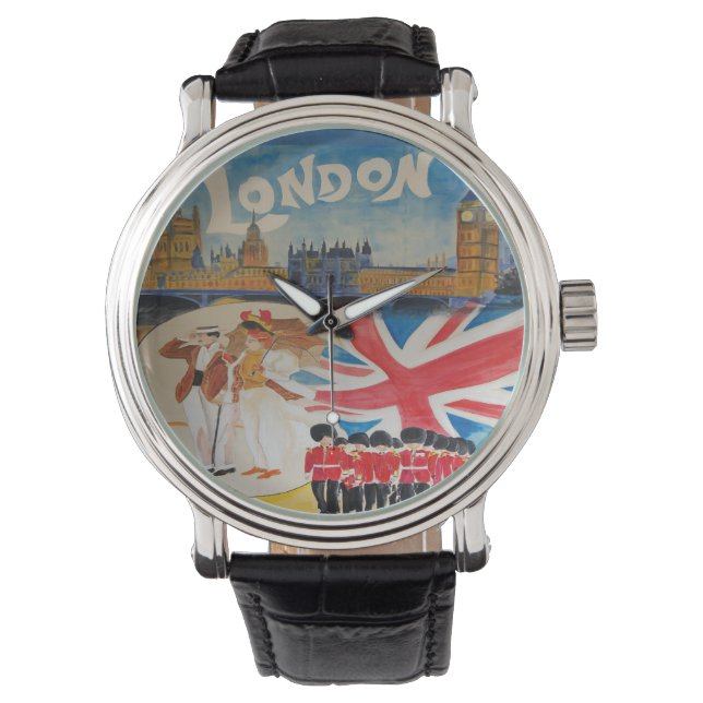 Retro Style London England Travel Watercolor Art Watch (Front)