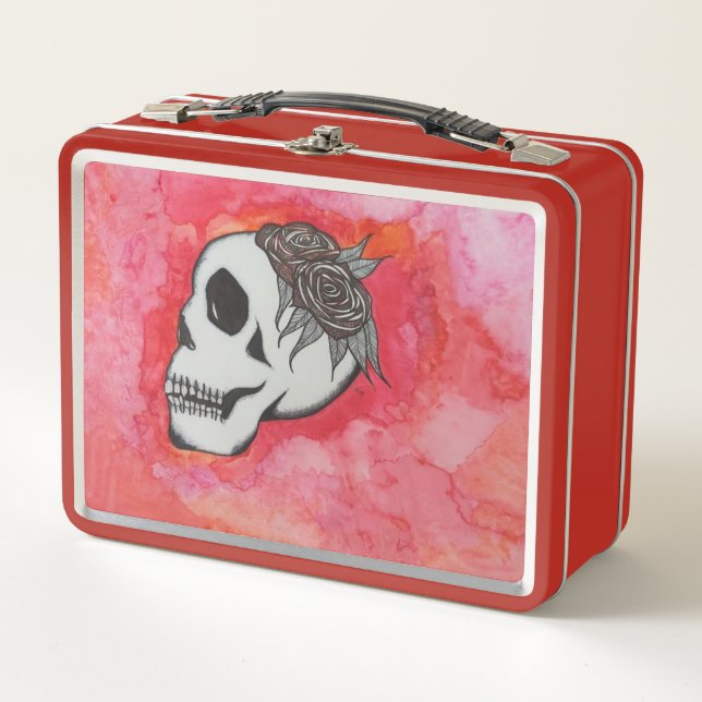 Retro Style Lunchbox With Skull and Roses Artwork (Front)