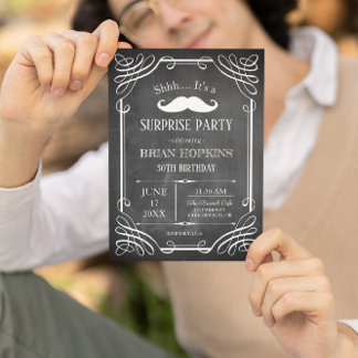 Retro Style Moustache Chalkboard Men's B'day Party Invitation