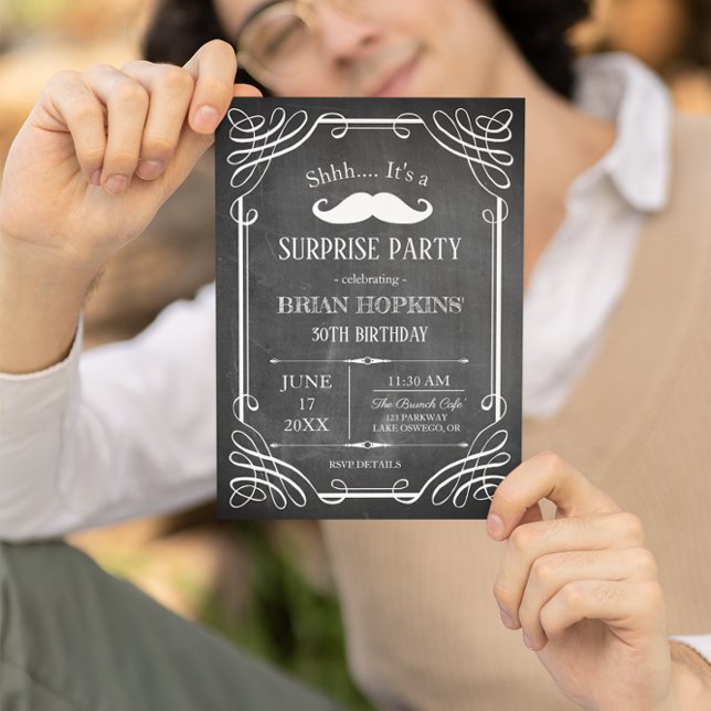 Retro Style Moustache Chalkboard Men's B'day Party Invitation (Creator Uploaded)