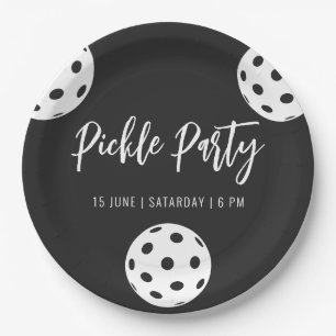 Retro Style Neon Black Themed Pickleball Birthday Paper Plate