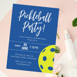 Retro Style Neon Blue Themed Pickleball Birthday Invitation