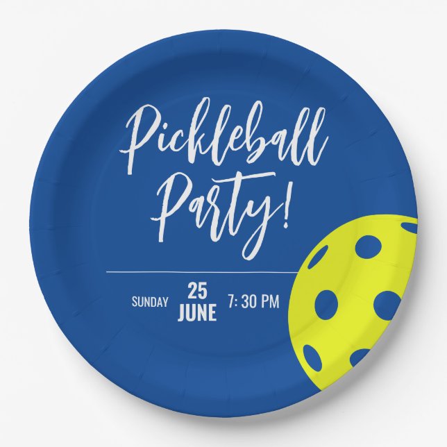 Retro Style Neon Blue Themed Pickleball Birthday Paper Plate (Front)