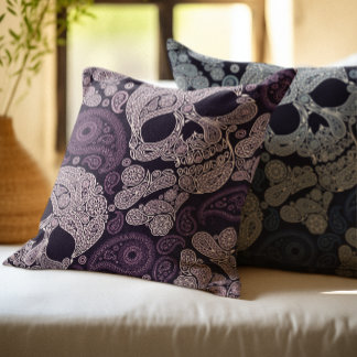 Retro Style Paisley Skull in Dark Purple Cushion