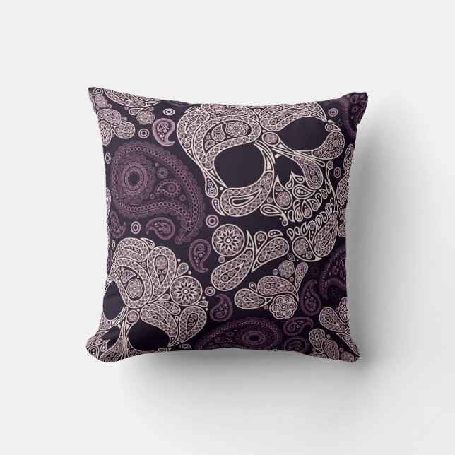 Retro Style Paisley Skull in Dark Purple Cushion (Front)