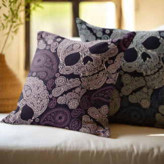Retro Style Paisley Skull in Navy Blue Cushion
