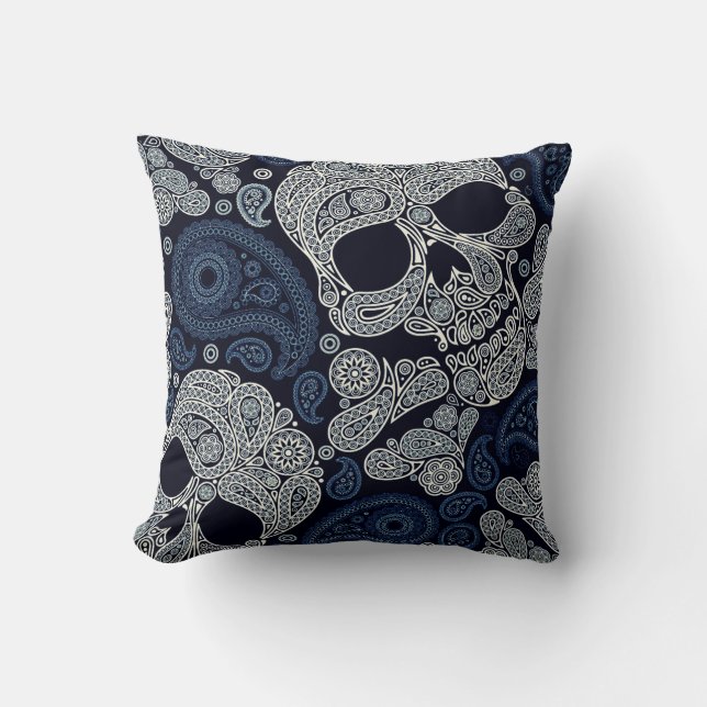 Retro Style Paisley Skull in Navy Blue Cushion (Front)