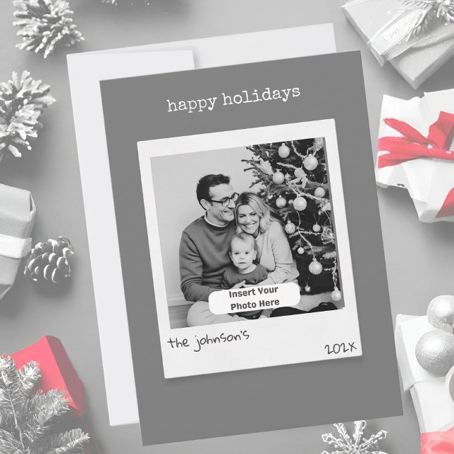 Retro Style Photo Personalised Grey Christmas Holiday Card (Modern retro photo style personalized dark gray flat christmas card)