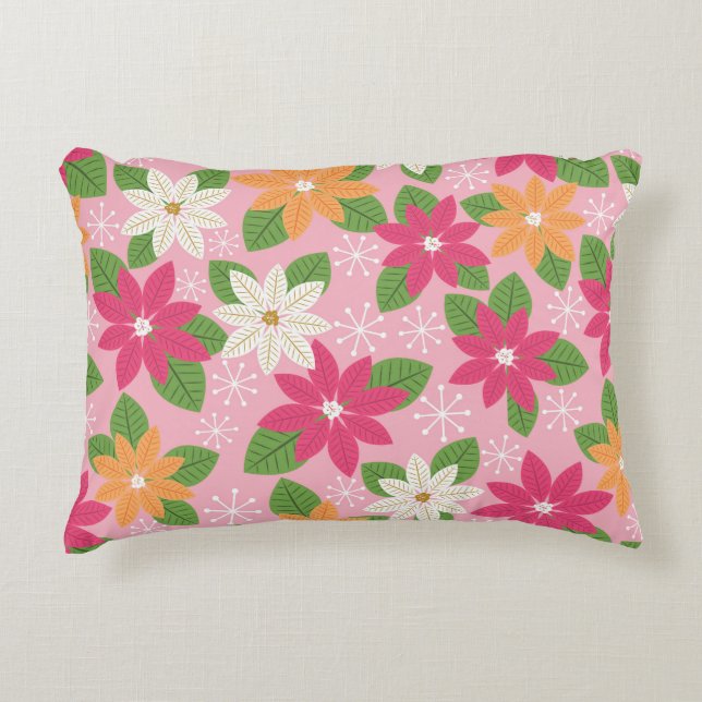 Retro Style Poinsettia & Snowflakes -Pink Decorative Cushion (Front)