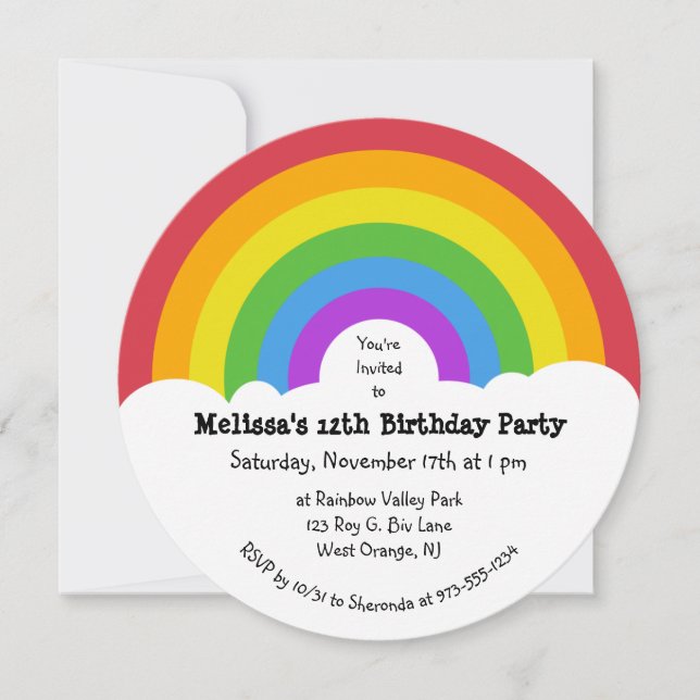 Retro Style Rainbow and Clouds Round Party Invitation (Front)