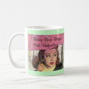 Retro Style Rainy Days & Pink Umbrellas Mug