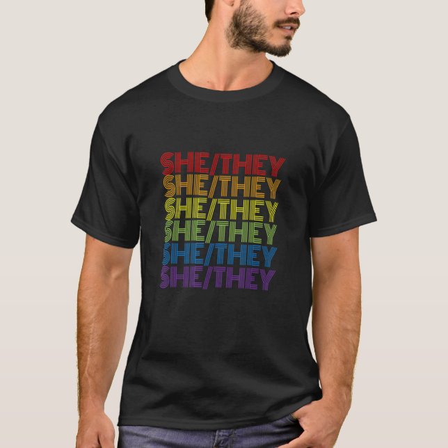Retro Style She They Pronouns  Rainbow Pride Flag T-Shirt (Front)