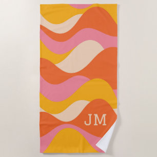 Retro style stormy waves beach towel