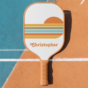 Retro Style Sunrise Pastel Rainbow script name Pickleball Paddle
