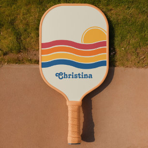 Retro Style Sunrise Pastel Rainbow script name Pickleball Paddle