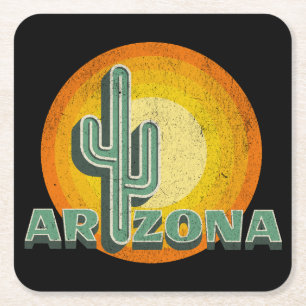 Retro style sunset with Arizona text design Square Paper Coaster