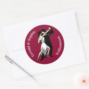Retro-style Tango Dancers on Burgundy Classic Round Sticker