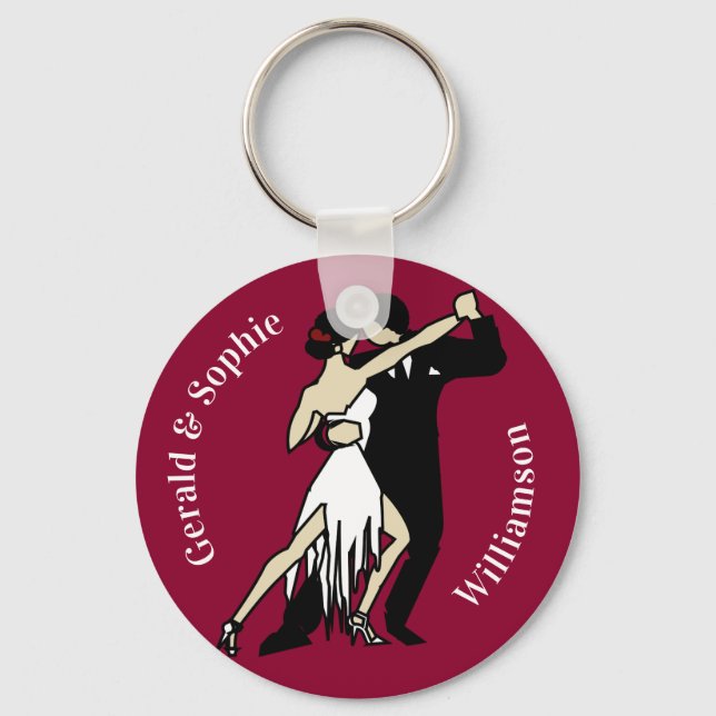 Retro-style Tango Dancers on Rich Burgundy  Key Ring (Front)