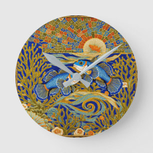 Retro Style Tapestry Blue Mandarin Fish Round Clock