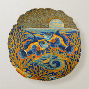 Retro Style Tapestry Orange Mandarin Fish Round Cushion